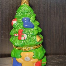 Vtg Porcelain Christmas Tree Trinket Box Holiday Ceramic Glaze Hinged 4.5" Tall