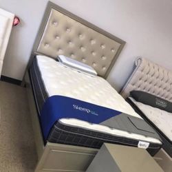 Champagne Gold Bed Frame With Crystal Tufted Headboard 