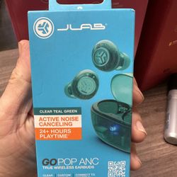 JLab Go Pop ANC True Wireless Earbuds & Charging Case, Transparent Teal, Active Noise Cancelling, 10mm Drivers, Dual Connect, Customize Your Sound wit