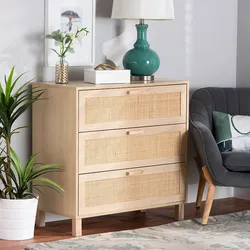 3-Drawer BoHo Rattan Front Wood Dresser
