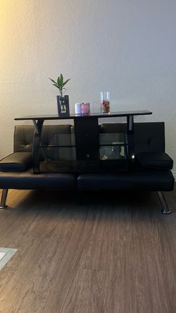 Black Faux Leather Futon Sofa with Chrome Legs