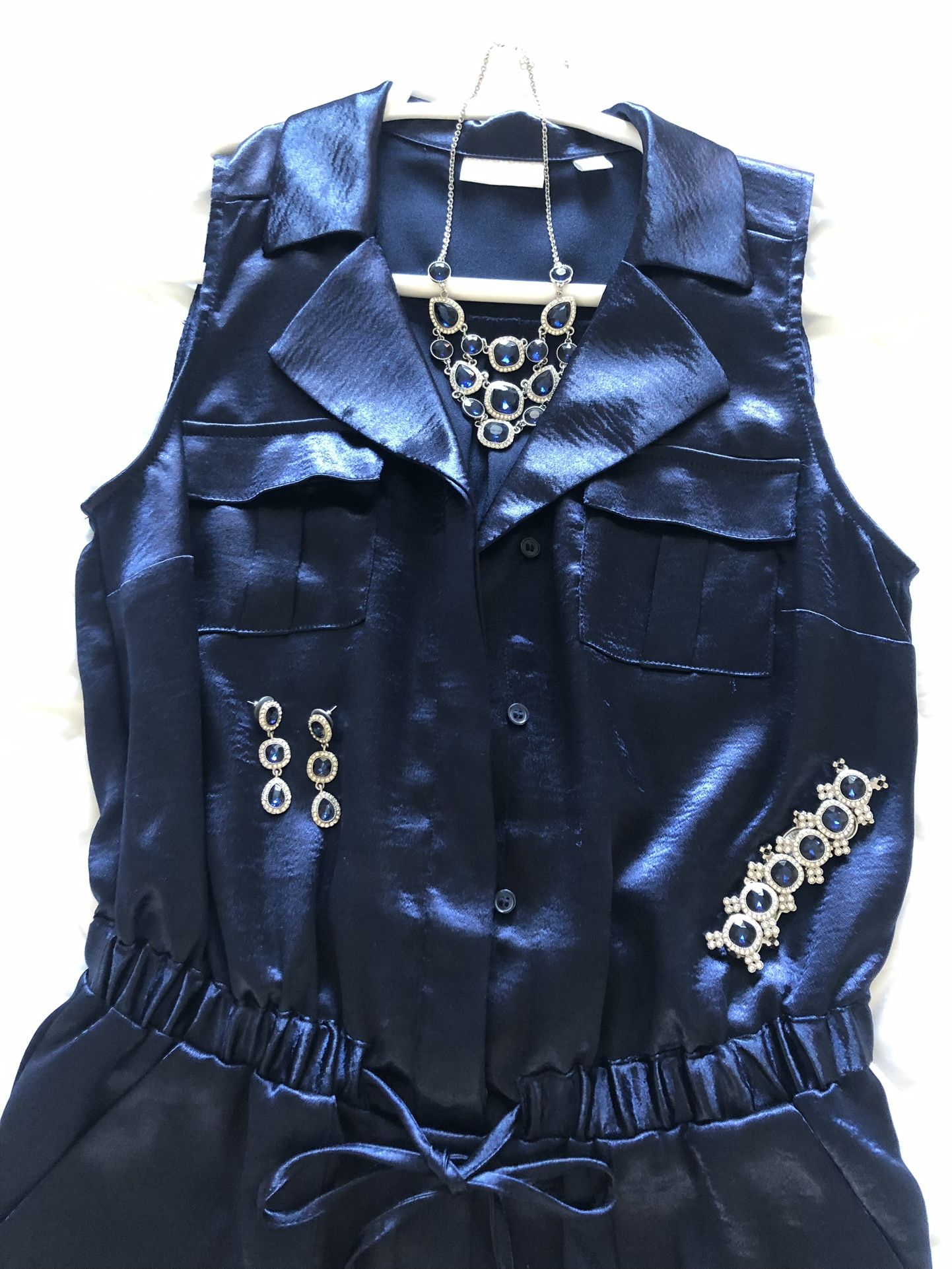 NY & CO Blue Satin Jumper and Jewelry Set