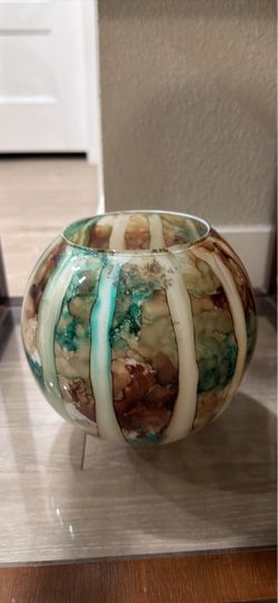 Decorative Marbled Art Glass Bowl / Vase Turquoise & Brown