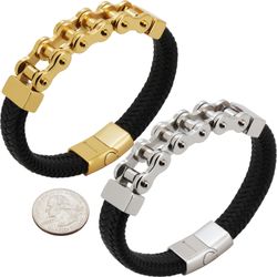 316L Stainless Steel 18k Gold Plated 16mm Bike Chain Leather Bracelet 8.5"