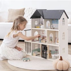 Modern 6-Room Wooden Dollhouse with 26 Furniture Pieces