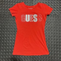 GUESS Los Angeles Shirt Short Sleeve Tee Rhinestone Logo Spellout Red Womens XS