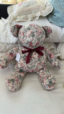 Vintage handmade country bear. Size large. Purple and pink roses.