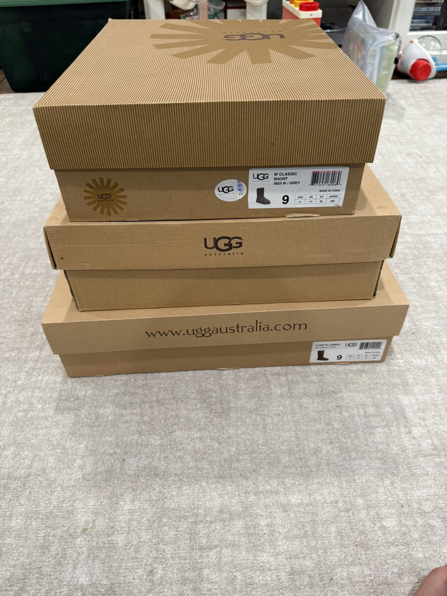 3 Pairs Of Size 9 Uggs-Tall Tan, Short Gray, Tall Chocolate Brown