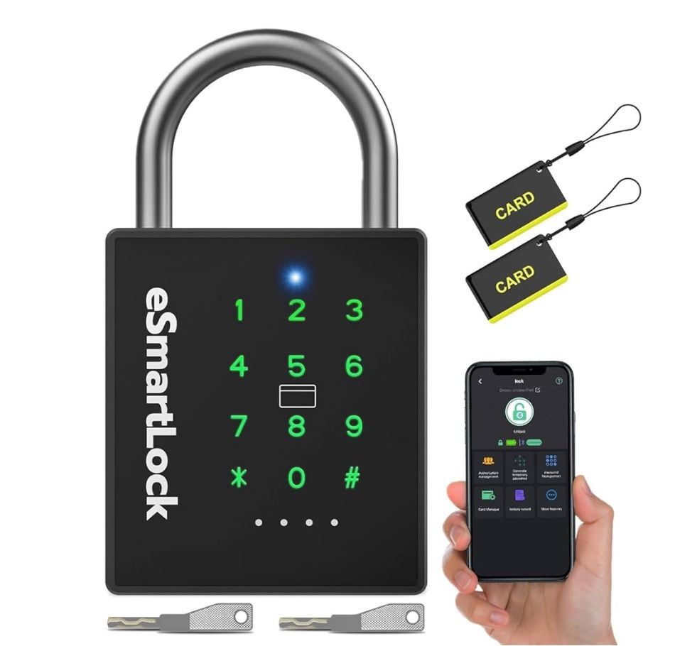 eLinkSmart Heavy Duty Smart Padlock with Key, Pad Lock with Code Keypad, Weatherproof Bluetooth RFID Keyless Electronic Digital Combination Lock for G