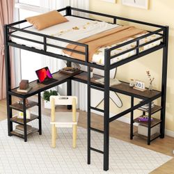 Brand new full size Metal Loft Bed with Built-In Desks and Shelves