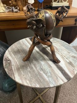 Decorative hand carved wooden stand vintage interlocking bowl stands crafted in India or Pakistan from hardwood with solid wood ball with brass decor.
