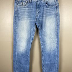 True Religion Jeans Mens 33 Section Straight USA Flag Pocket Light Wash Denim 