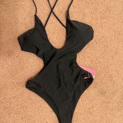 New Medium Black One Piece Swimsuit Bathing Suit Festival Rave Boho Gothic 