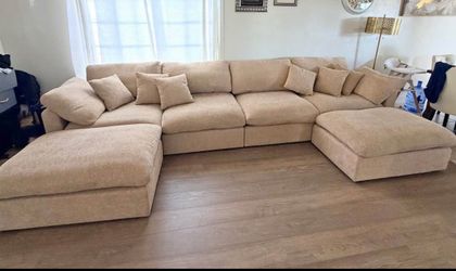 Beige Chenille U Shape Sectional Cloud Couch + 2 Ottomans