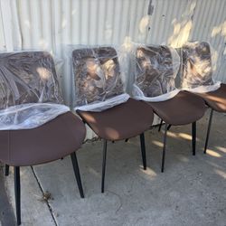 Dining Chairs Set of 4 Brown Faux Leather, Comfortable Mid Century Modern Chair with Metal Leg, Upholstered Big Side Chair for Kitchen Dining Room,Bro