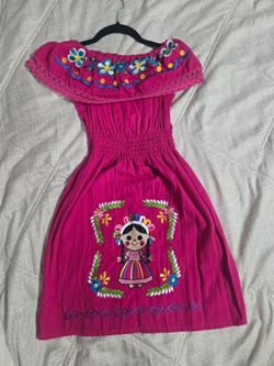 Pink Mexican Embroidered Off-Shoulder Dress