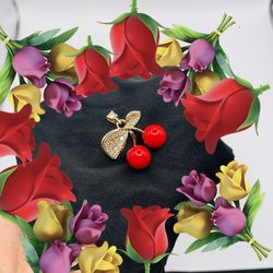 NEW 18K Gold Plated Red Cherry Pendant with Crystal CZs Gemstones - Rose Gold