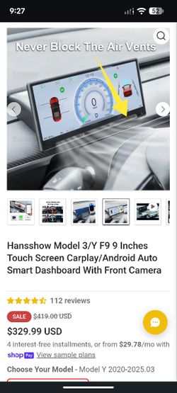 Hansshow Tesla Model 3/Y Touch Screen HUD Carplay Android Auto Smart Dashboard With Front Camera Display