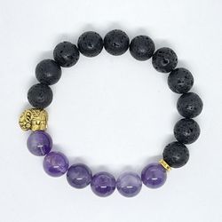 NATURAL Charged Amethyst & Lava Rock Oil Essential Bracelet ( Known For: Master Healer, Protection, Calm Emotions )