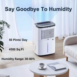 50 pt. White Dehumidifier for Home and Basement, 4500 sq. ft., Drain Hose, Auto Defrost, Continuous Drainage