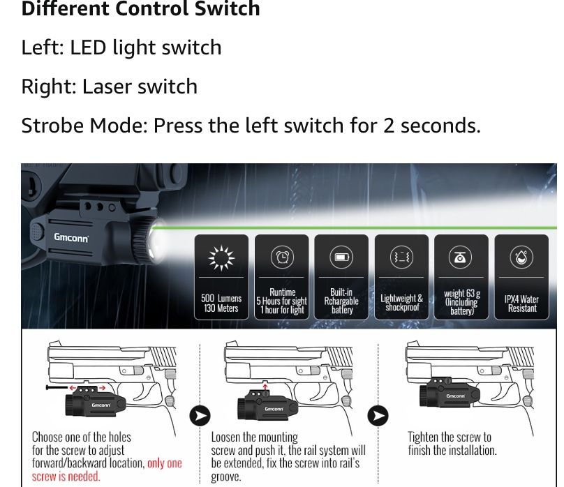 Gmconn Pistol Flashlight Green Laser White LED Light Combo with Compact Rail Mount for Handgun Picatinny Rail (Green Laser)