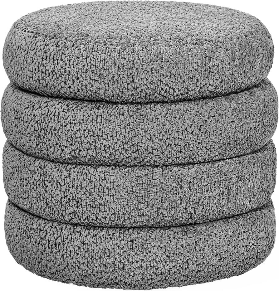 Storage Ottoman, Round Ottoman with Storage, Vanity Stool Foot Rest with Removable Lid, Round Boucle Upholstered Ottoman for Living Room Pouf Footstoo