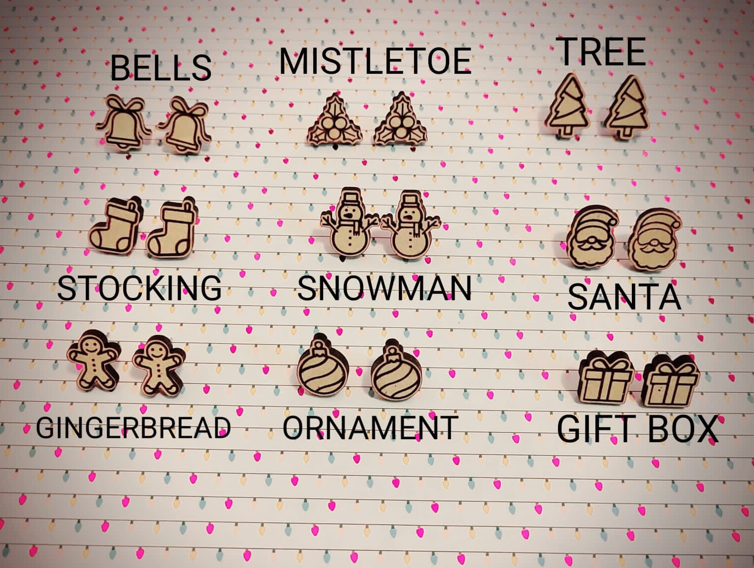 Custom Wooden Christmas Earring Studs 9 Pairs