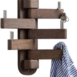 INMAN Coat Hooks for Wall, Walnut Wood Wall Hooks with 5 Swivel Foldable Arms