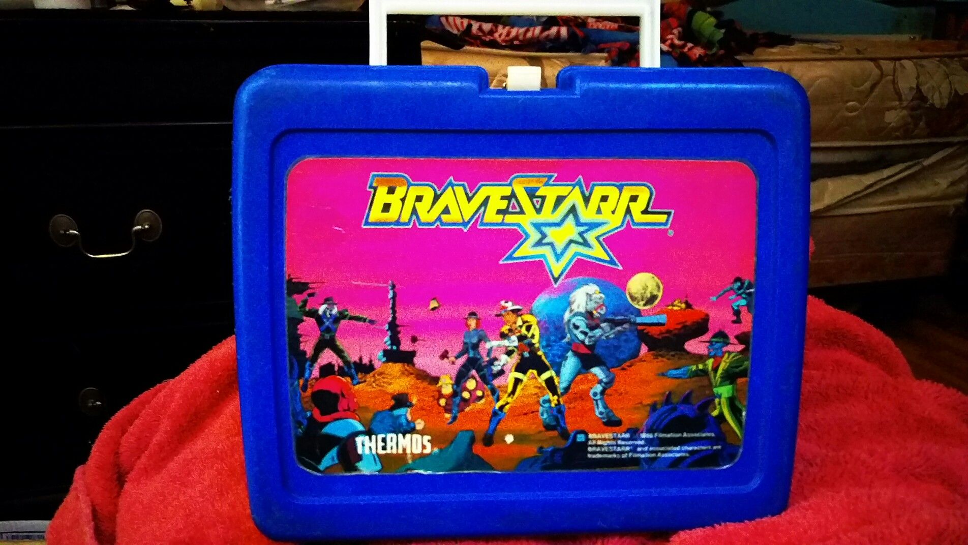 1986 BraveStarr Cartoon Thermos Plastic LUNCH BOX Filmation Western Sci-Fi Blue