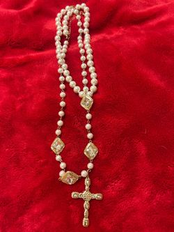 Pearl Bead Rosary Necklace with Gold Cross