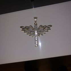 Mens Iced Out Cross Pendant With Angel Wings