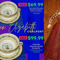 4 Coalport Double Handler Cups & Saucer Queen Elizabeth  # 9448.