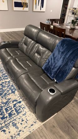 Gray Leather Power Reclining Sofa with Cup Holdersea