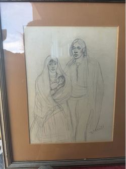 Large 40” Signed D Barrett Original Pencil Drawing Native American Family Framed