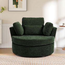 Oversized Swivel Accent Barrel Chair, 42'' W Chenille Upholstered Comfy Round Swivel Chair with Pillows
