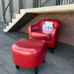 Accent Club Barrel Chair For Living Room or Office Use Burgundy Faux Leather W Ottoman