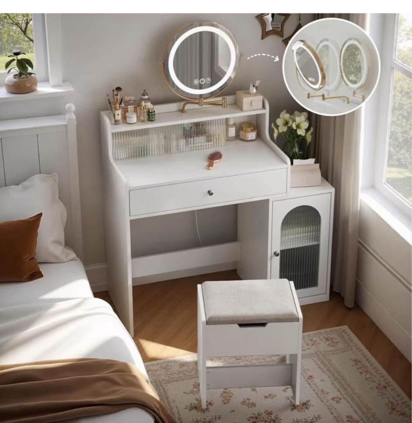 Vanity, Makeup Vanity Desk with Rotatable Mirror and Lights, White Make Up Vanity Table with 3 Adjustable Lighted and Chair, Makeu