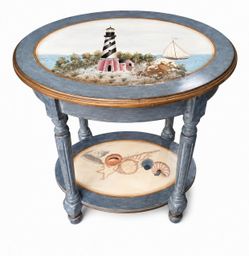 Vintage Hand-Painted Nautical Side Table with Lighthouse & Seashell Design