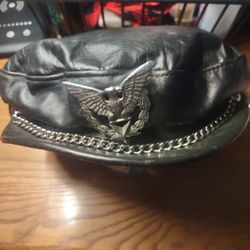 Vintage Black Leather Biker Hat