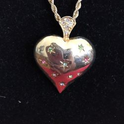 Gold plated rhinestone heart necklace rope chain and pendent