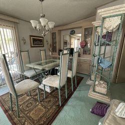 Teal Blue Dining Table And Shelf Set With Glass Top