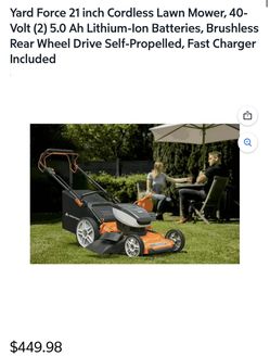 Yard Force 21 inch Cordless Lawn Mower, 40-Volt (2) 5.0 Ah Lithium-Ion Batteries,