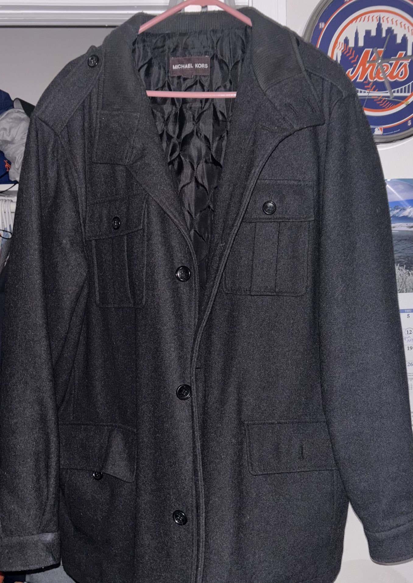 Men’s Michael Kors MK Black Wool Button Down Pea Coat Winter Jacket W/Button Up Pockets, XL