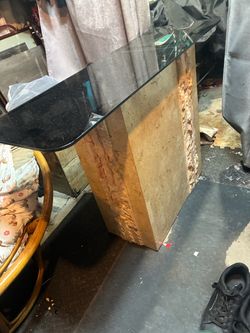 Vintage 1980s Postmodern Mactan Fossil Stone Console Table – Smoked Glass Top