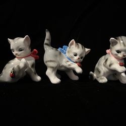 Vintage Bone China Gray Tiger Kittens (Set Of 3)