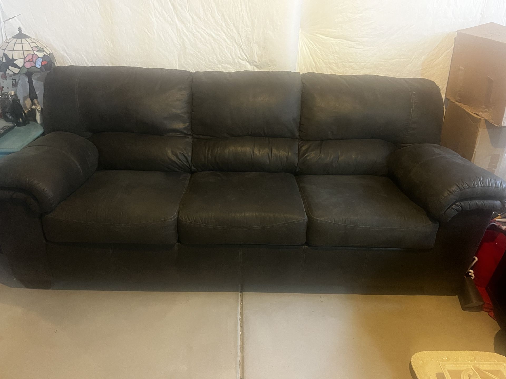 Dark Grey Leather-look Couch 7 ft— Comfy! Great Condition!
