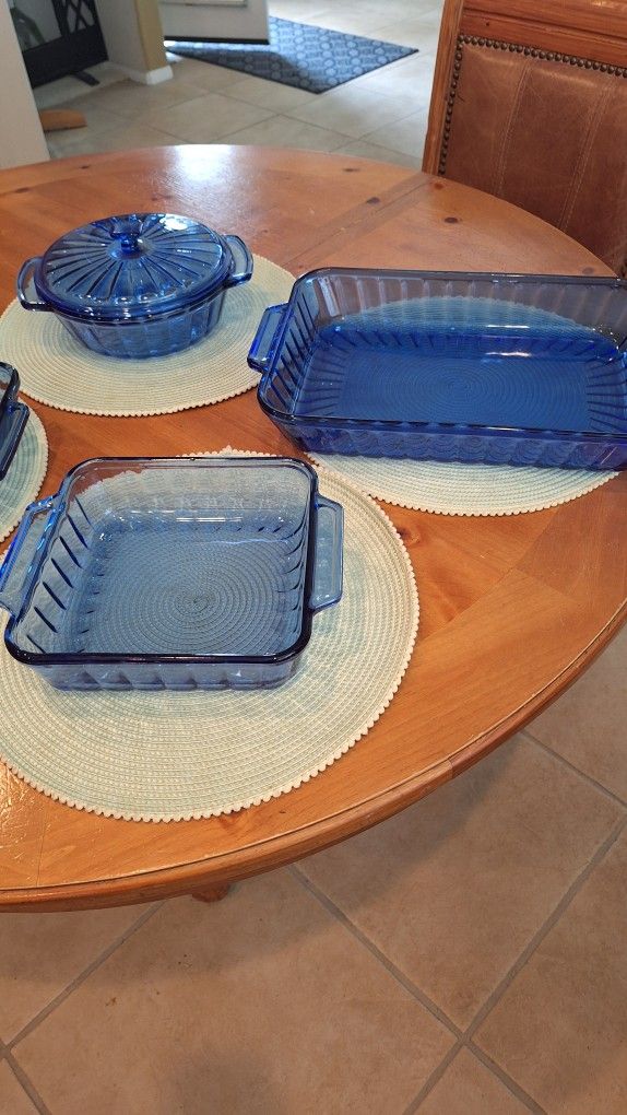 Anchor Hocking Cobalt Blue Ribbed Vintage Rare 5 Piece Set the Blue Is So Pretty OBO