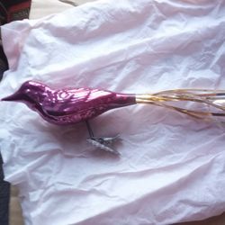 Antique Pair German Pink Glass Clip on Bird with Tail Christmas Ornament VTG