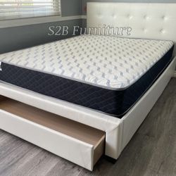 Queen White Platform Bed With Ortho Mattress Included!