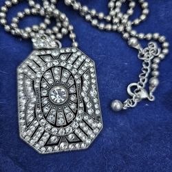 Gold Tone ART DECO Style RHINESTONE PENDANT and CHAIN 